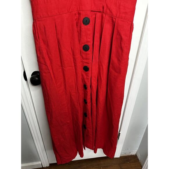 Vintage 80s Midi Long Red Pleated Skirt Linen Dress Secretary 14 16 Rockabilly - Picture 5 of 12